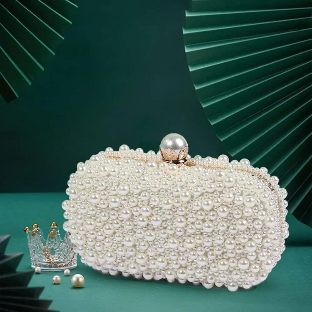 Women's Pearl Beaded Evening Clutch Bag Compact Bridal Prom Party Purse